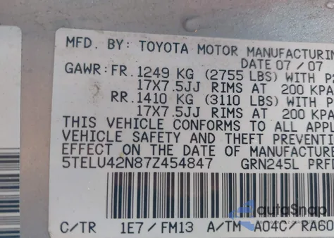 2007 Toyota Tacoma Base V6 z USA, uszkodzony, nr VIN 5TELU42N87Z454847